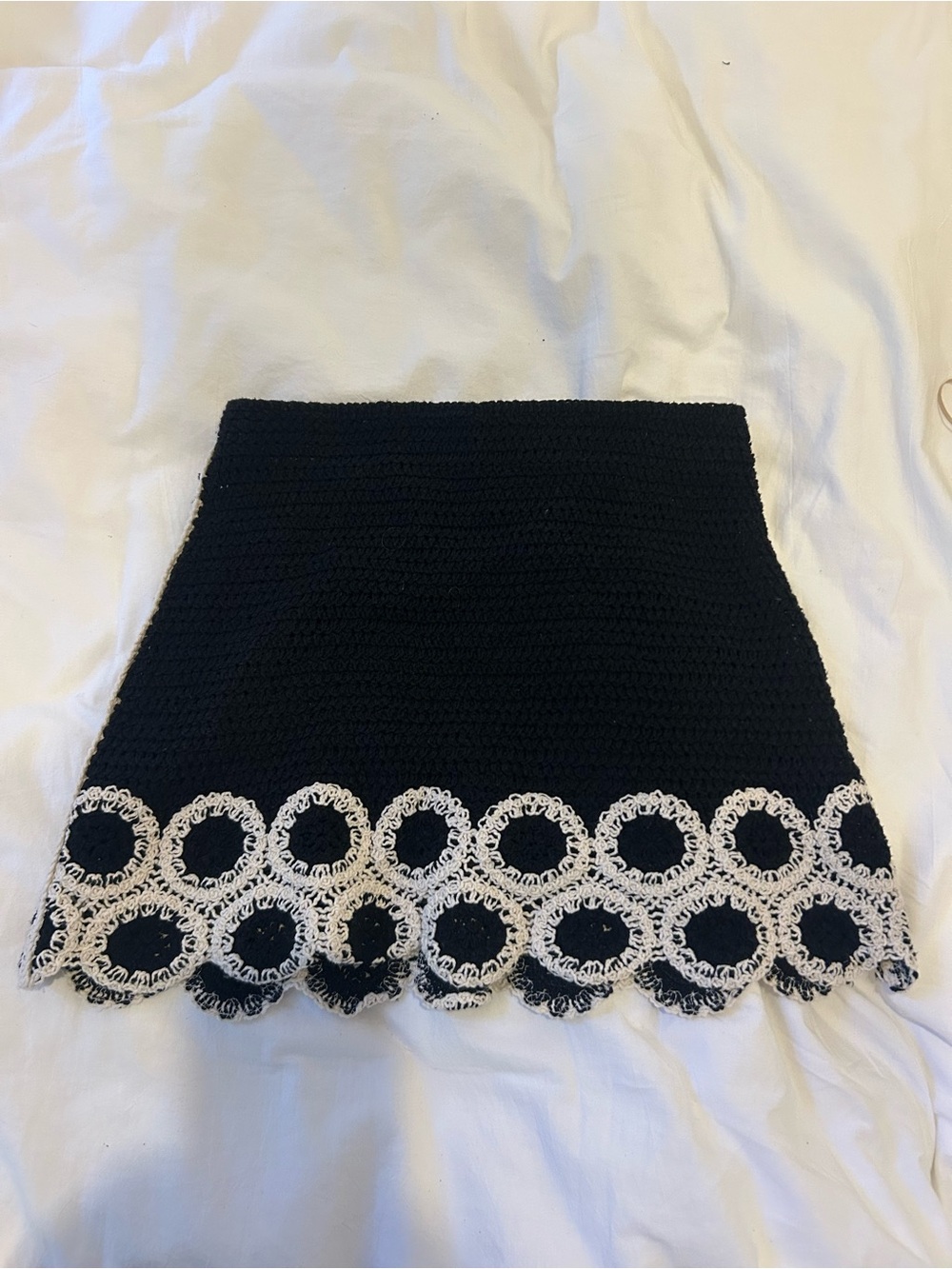 MANGO Black Crochet Mini Skirt with White Lace Trim